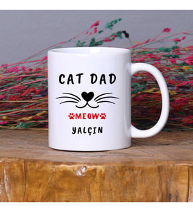 Kişiye Özel Kedi Tasarımlı İsimli Cat Dad Yazılı Kupa Bardak Arkadaşa Hediye