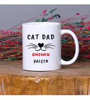 Kişiye Özel Kedi Tasarımlı İsimli Cat Dad Yazılı Kupa Bardak Arkadaşa Hediye