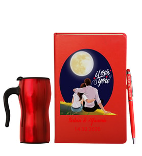 Sevgililer Gününe Özel Deri Kırmızı Defter Kalem & Termos Mug Hediye Seti 2