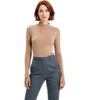 Moda Dik Yaka Örme Slim Düz Desen Casual Günlük Regular Uzun Kol Bluz
