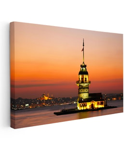 Kanvas Tablo Kız Kulesi ve İstanbul Silüeti Şehir Mimari Tablo Ev Ofis Duvar Dekoru