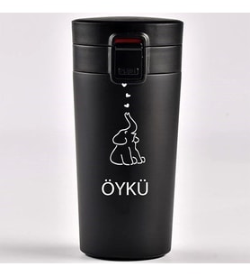 Kişiye Özel Paslanmaz Çelik 380 ml Vakumlu Fil Baskılı Termos - Isı Yalıtımlı, Sızdırmaz Kapak (Siyah)