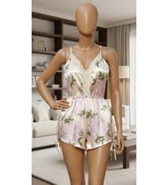 Bicomi Özel Tasarım Çiçek Desenli İnce Askılı Dantel İşlemeli Sırt Dekolteli Saten Şortlu Babydoll