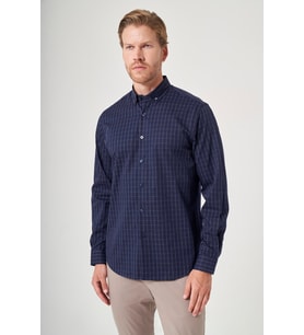 Lacivert-Beyaz Düğmeli Yaka Uzun Kol Cepsiz Slim Fit %100 Pamuk Gömlek 1004260206