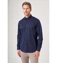 Lacivert-Beyaz Düğmeli Yaka Uzun Kol Cepsiz Slim Fit %100 Pamuk Gömlek 1004260206
