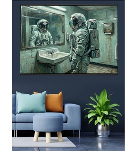 Aynada Kendine Bakan Astronot Figürü Dekoratif Kanvas - Mdf Ahşap Tablo