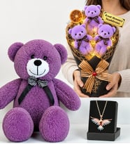 Kişiye Özel LED Işıklı Ayıcık Buketi, Renkli Anka Kuşu Kolye ve 50 cm Mor Peluş Ayıcık Hediye Seti