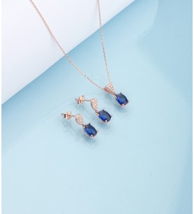 925 Ayar Gümüş Oval Safir Taşlı Kolye Küpe Set