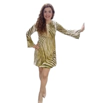 Haki Zebra Desenli İspanyol Uzun Kollu Kısa Elbise