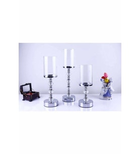 Kristal Taşlı Ayaklı Metal Şamdan Mumluk Kaliteli 3'lü Set --6010 (Gümüş)
