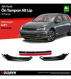 Volkswagen Golf Uyumlu 7,5 ABS Plastik Ön Tampon Alt Lip Kırmızı Ekli 4 Parça. 2018-2020 A+Kalite Parça