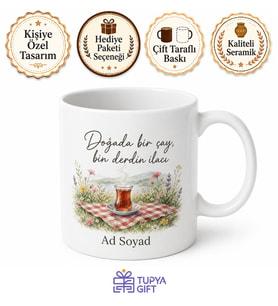 Piknikte Çay Keyfi Yazılı Baskılı Kupa Bardak Hediye Porselen Mug