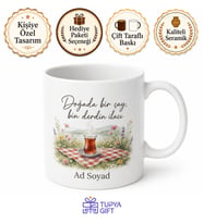 Piknikte Çay Keyfi Yazılı Baskılı Kupa Bardak Hediye Porselen Mug