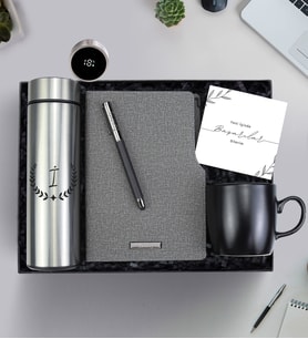 Kişiye Özel 500 ML Dereceli Termos & Termo Deri Gri Defter & Siyah Touch Roller Kalem & Siyah Kupa Hediye Seti