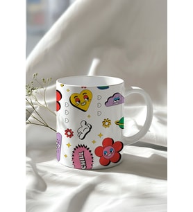 Chill Kalp Emoji Tasarımlı 330ml Baskılı Beyaz Seramik Kupa Bardak