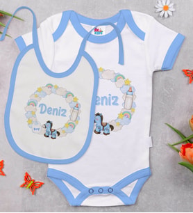 BK Kids Kişiye Özel İsimli Mavi Bebek Body Zıbın ve Mama Önlüğü Hediye Seti-25
