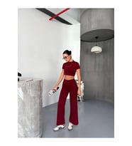 Osy Modal Yumuşak Dokulu Kumaş Kısa Kollu Crop Alt Ispanyol Paça Pantalon Ikili Takım - Bordo