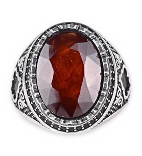 KAMBO El Yapımı 925 Ayar Gümüş Erkek Doğal Garnet (Lal) Taşlı İşlemeli Yüzük - 11 gr
