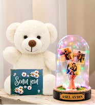 Kişiye Özel Yazılı 3 Fotoğraflı Renkli LED Işıklı Fanus(şans melekli) ve Beyaz Peluş Ayıcık Sevgiliye Hediye Kadına Hediye