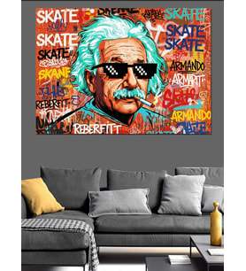 Renkli Grafiti Tarzında Einstein Portresi Dekoratif Kanvas - Mdf Ahşap Tablo