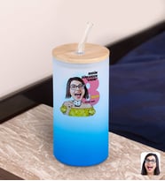 BK Gift Kadınlar Gününe Özel Karikatürlü Mavi Renk Pipetli Buzlu Cam Bardak 600ml - 2, 8 Mart Kadınlar Günü