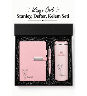 Kişiye Özel Hediye Seti Stanley Termos Defter & Kalem & Premium Hediye Seti Pembe