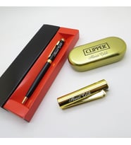 Clipper® Klasik Parlak Gold Kişiye Özel Çakmak ve Kalem Seti Hediyelik Çakmak