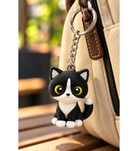 Siyah Beyaz Kedi Anahtarlık 3D Figürlü Sevimli Kedi Çanta ve Anahtar Süsü