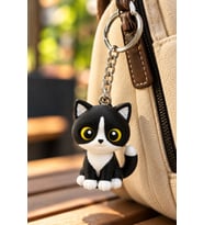 Siyah Beyaz Kedi Anahtarlık 3D Figürlü Sevimli Kedi Çanta ve Anahtar Süsü