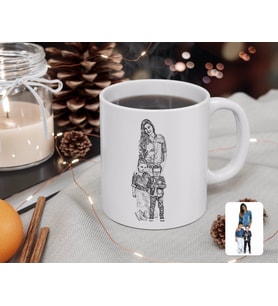 BK Gift Kişiye Özel Tam Boy Karakalem Anne ve Oğullar Karikatürlü Beyaz Kupa Bardak-1