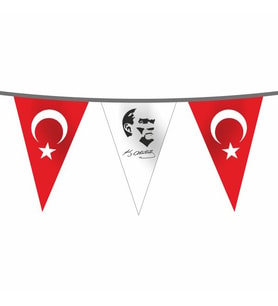 İpe Dizili Süsleme Üçgen Ata ve Türk Bayrağı 50 metre (Çok Renkli)