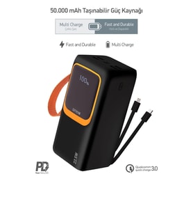 50.000 mah Powerbank  50000 Powerbank Hızlı şarj Pd Kablolu Fenerli Type C