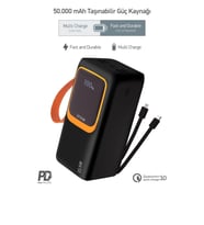 50.000 mah Powerbank  50000 Powerbank Hızlı şarj Pd Kablolu Fenerli Type C