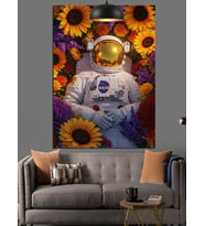 Uzay Giysisi İçinde Ayçiçekli Astronot Dekoratif Kanvas - Mdf Ahşap Tablo
