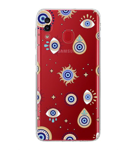 PrintiFy Samsung Galaxy A30 ile Uyumlu Nazar Boncuğu 5  Kamera Korumalı Şeffaf Silikon Kılıf