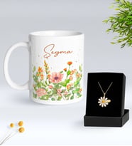 BK Gift Kişiye Özel İsimli Çiçek Tasarımlı Beyaz Kupa ve Papatya Kolye Hediye Seti - 3, Sevgiliye Hediye, Anneye Hediye, Arkadaşa Hediye