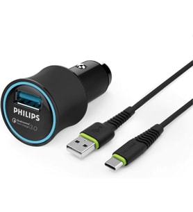 Philips Dlp3520C Usb Araç İçi Şarj Adaptörü Qc3.0 Siyah (1 Çıkış) + Usb - Type-C Şarj Kablosu 1.2M S