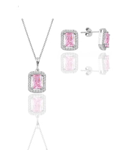 Söğütlü Silver Gümüş rodyumlu pembe taşlı baget kesim ikili set