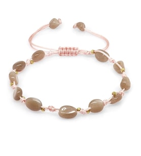 Makrome Örgülü Naturel Kesim Dorika Top Detaylı Güneş Taşı Doğaltaş Kadın Bileklik (Pembe)