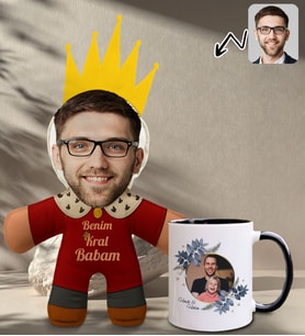 BK Gift Kişiye Özel Fotoğraflı Kral Babam Tasarımlı Bebek Yastık-1 & Siyah Kupa Bardak Hediye Seti-7, Babalar Günü Hediye, Babaya Hediye