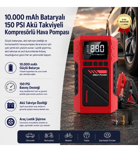10.000 mAh Bataryalı 150 PSI Akü Takviyeli Kompresörlü Hava Pompası