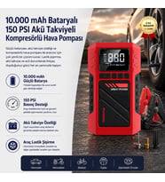 10.000 mAh Bataryalı 150 PSI Akü Takviyeli Kompresörlü Hava Pompası