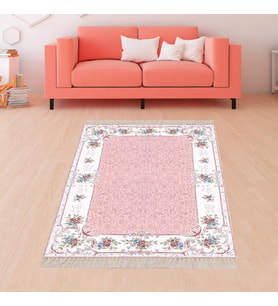 Çiçek Desenli Çiçekli Çerçeve Dijital Baskı Yıkanabilir Kaymaz Taban Salon Halısı ve Yolluk (Pudra) (Pembe)