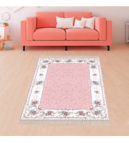 Çiçek Desenli Çiçekli Çerçeve Dijital Baskı Yıkanabilir Kaymaz Taban Salon Halısı ve Yolluk (Pudra) (Pembe)