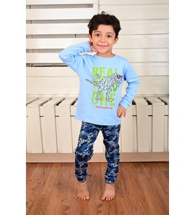 Erkek Çocuk Dinazor Baskılı Uzun Kollu Pijama takımı - 4-5 YAŞ / MAVİ
