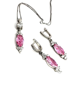 Pembe zirkon taşlı gümüş lüks takı seti