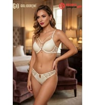 Le Jardin Premium Kadın Silikonlu Taşlı Simli Destekli Push-up Kutulu Sütyen ve Külot Takım