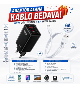 Schitec GaN 65W Ultra Hızlı Şarj Cihazı 3 Çıkışlı Hızlı Şarj Aleti Başlığı ve 67W UsbA to Micro Data ve Hızlı Şarj Kablosu 1M Beyaz HEDİYE