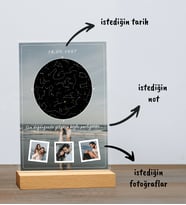 Kişiye Özel Tasarlanan Özel Gün Gökyüzü Haritası ve 3 Fotoğraflı Masaüstü Fotoğraf Çerçevesi Plak