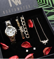 Retro Mini Gold Kadın Saat, Kolye, Bileklik Ve Küpe Seti